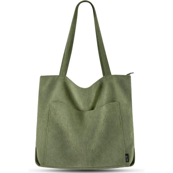 Handbags - Women Green Corduroy Polyester Lining Shoulder Bag with Zipper And Pockets